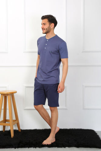 Akbeniz Erkaklar Plyus 3 qismli Paxta Pijama To‘plami 6824 Indigo - 2