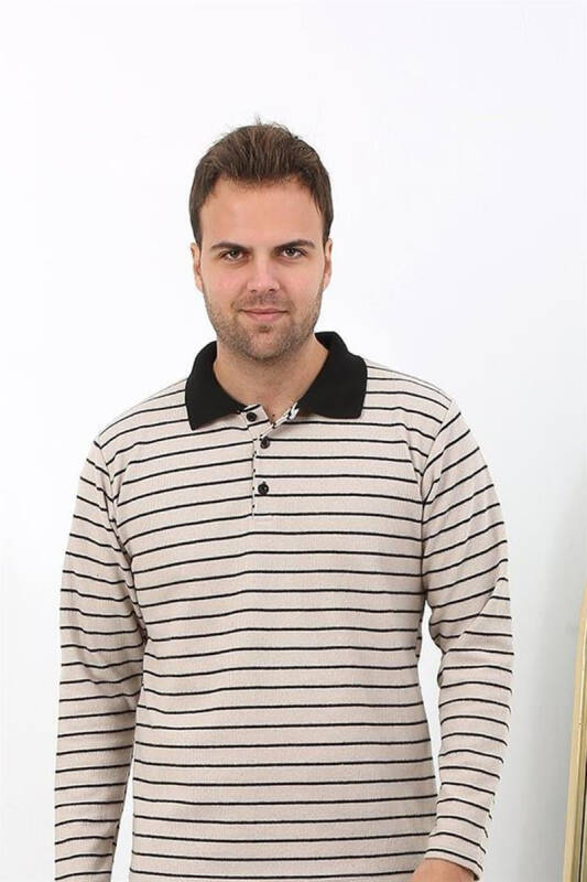 Akbeniz Erkaklar uchun uzun qo'lli penye matoli bitta pijama futbolka 6871 Krem - 1