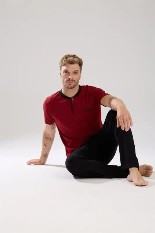 Akbeniz Erkek Bordo Düğmeli Yaka Kısa Kol Pijama Takımı - 4