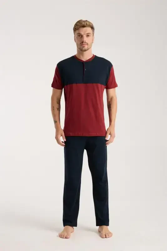 Akbeniz Erkek Bordo Düğmeli Yaka Kısa Kol Pijama Takımı - 4