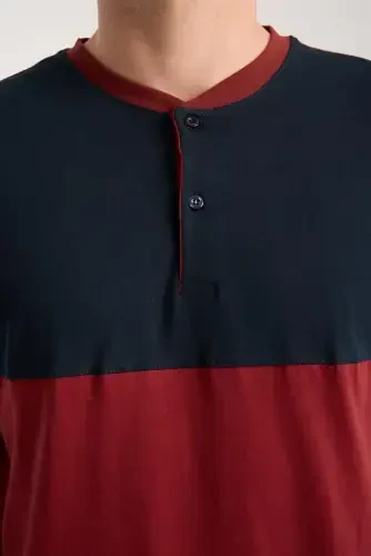 Akbeniz Erkek Bordo Düğmeli Yaka Kısa Kol Pijama Takımı - 9