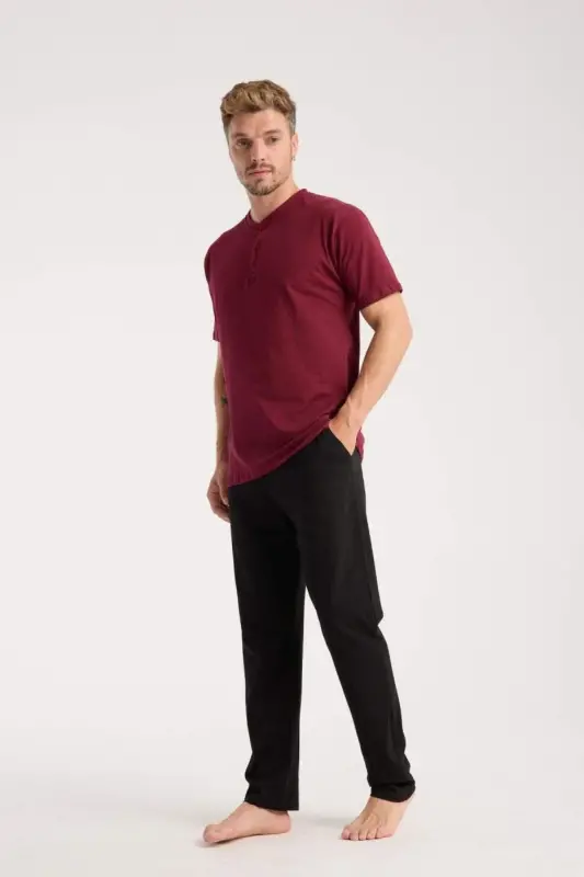 Erkek Bordo Düğmeli Yaka Kısa Kol Pijama Takımı - BÜYÜKBEDENIZ