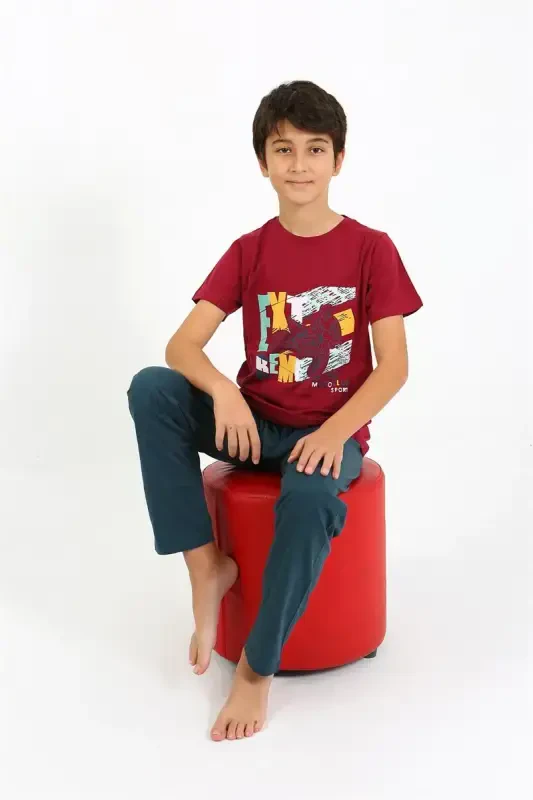 Akbeniz Erkek Çocuk Kısa Kol Penye Pijama Takım 20758 Bordo - 1