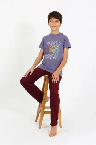 Akbeniz Erkek Çocuk Kısa Kol Penye Pijama Takım 20758 Mor - 1
