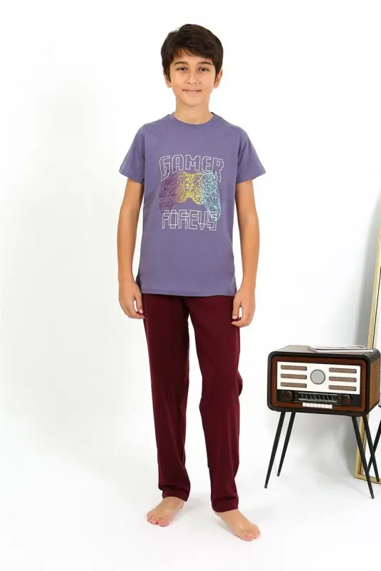 Akbeniz Erkek Çocuk Kısa Kol Penye Pijama Takım 20758 Mor - 4