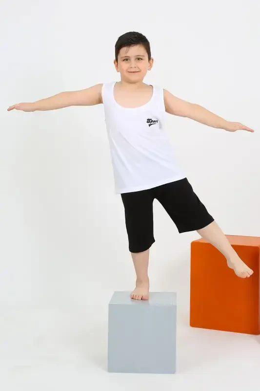 Akbeniz Erkek Çocuk Sıfır Kol Şortlu Beyaz Penye Pijama Takımı 20434 - 1