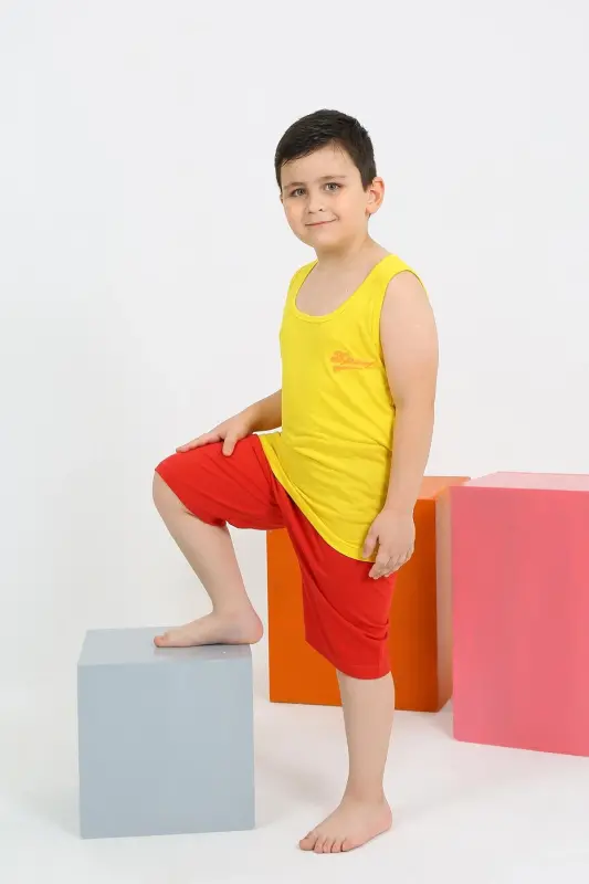 Akbeniz Erkek Çocuk Sıfır Kol Şortlu Sarı Penye Pijama Takımı 20434 - AKBENIZ