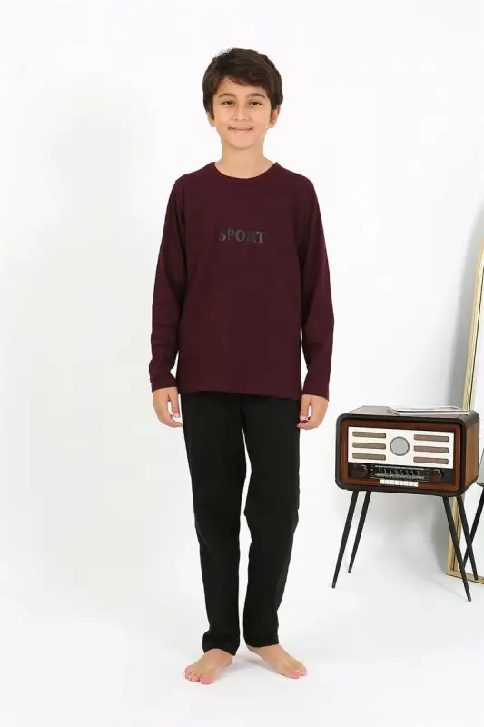 Akbeniz Erkek Cocuk Uzun Kol Penye Pijama Takim 20437 Bordo - 1