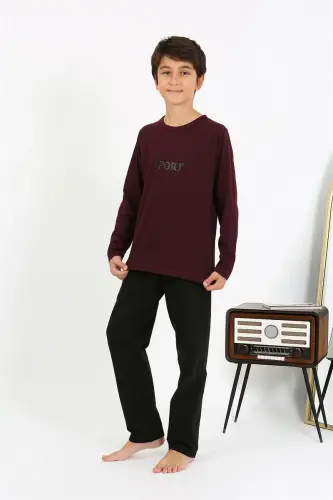 Akbeniz Erkek Cocuk Uzun Kol Penye Pijama Takim 20437 Bordo - 3