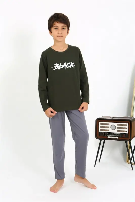 Akbeniz Erkek Çocuk Uzun Kol Penye Pijama Takım 20437 Haki - 2