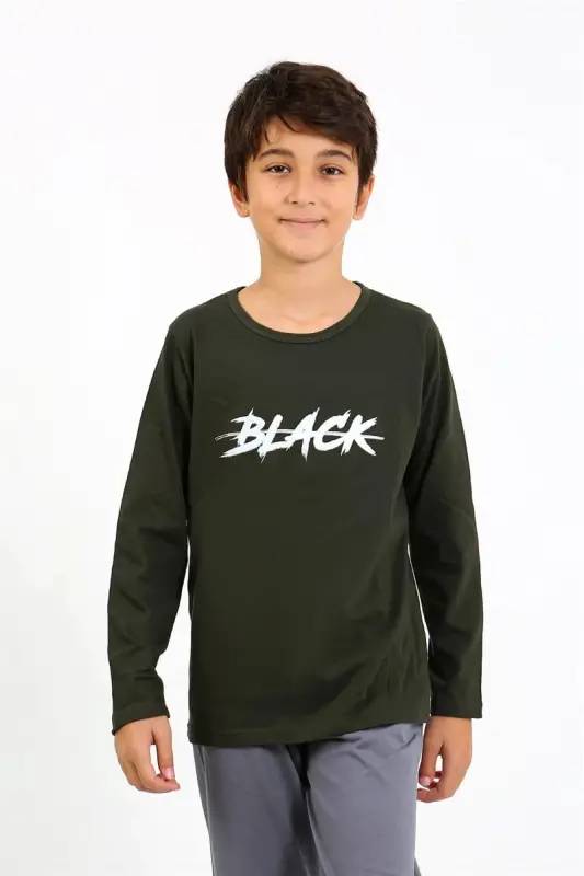 Akbeniz Erkek Çocuk Uzun Kol Penye Pijama Takım 20437 Haki - 3