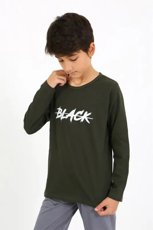 Akbeniz Erkek Çocuk Uzun Kol Penye Pijama Takım 20437 Haki - 4