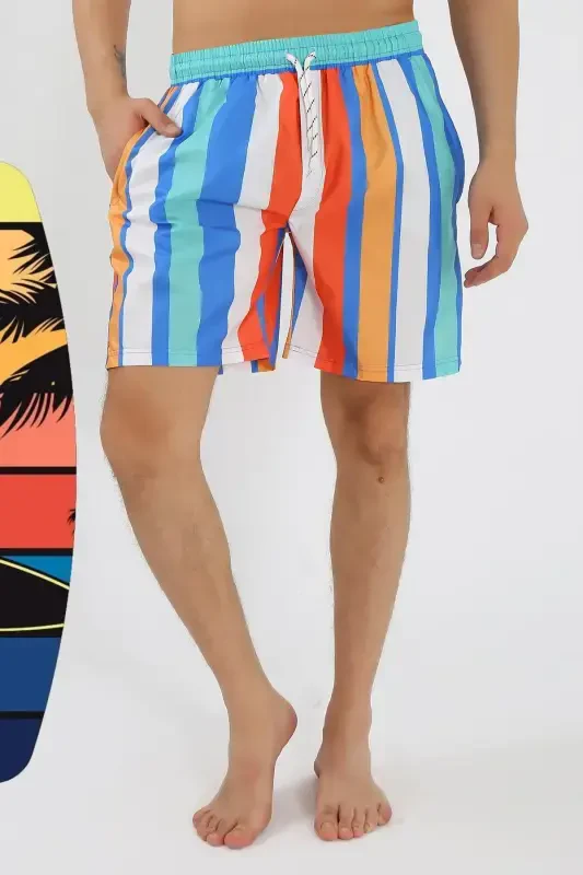 Akbeniz Erkek Desenli Fermuar Cepli Deniz Şortu Mavi 27526 - 3