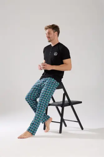 Akbeniz Erkek Düğmeli Yaka Siyah Kısa Kol Pijama Takımı - 3