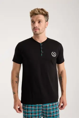 Akbeniz Erkek Düğmeli Yaka Siyah Kısa Kol Pijama Takımı - 5