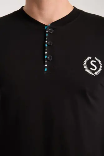 Akbeniz Erkek Düğmeli Yaka Siyah Kısa Kol Pijama Takımı - 7