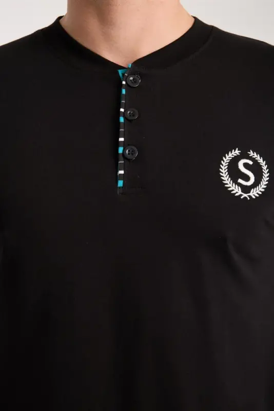 Akbeniz Erkek Düğmeli Yaka Siyah Kısa Kol Pijama Takımı - 7