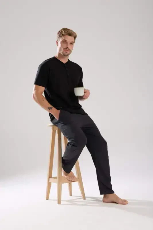 Akbeniz Erkek Füme Düğmeli Yaka Kısa Kol Pijama Takımı - 4