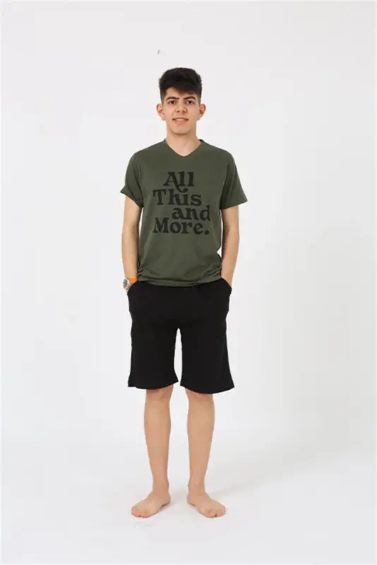Akbeniz Erkek Genç Garson Boy Kısa Kol Haki Penye Şortlu Pijama Takımı 20377 - 1