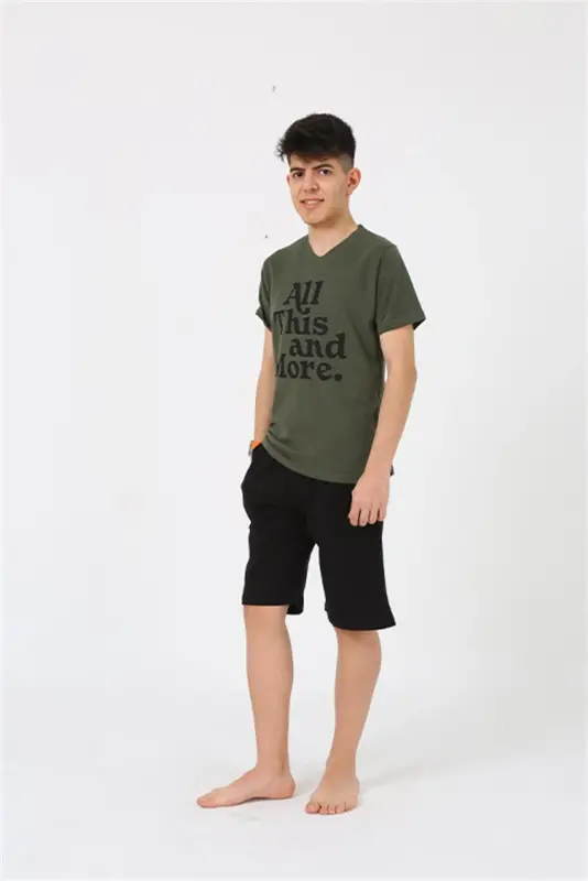 Akbeniz Erkek Genç Garson Boy Kısa Kol Haki Penye Şortlu Pijama Takımı 20377 - 2