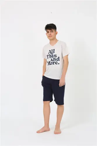 Akbeniz Erkek Genç Garson Boy Kısa Kol Krem Penye Şortlu Pijama Takımı 20377 - 1