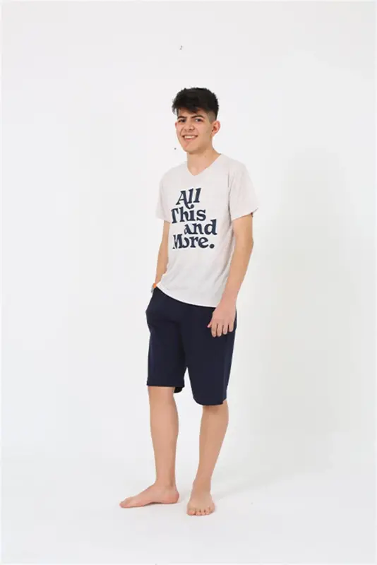 Akbeniz Erkek Genç Garson Boy Kısa Kol Krem Penye Şortlu Pijama Takımı 20377 - 2