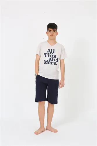 Akbeniz Erkek Genç Garson Boy Kısa Kol Krem Penye Şortlu Pijama Takımı 20377 - 3