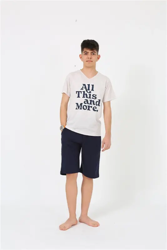 Akbeniz Erkek Genç Garson Boy Kısa Kol Krem Penye Şortlu Pijama Takımı 20377 - 3