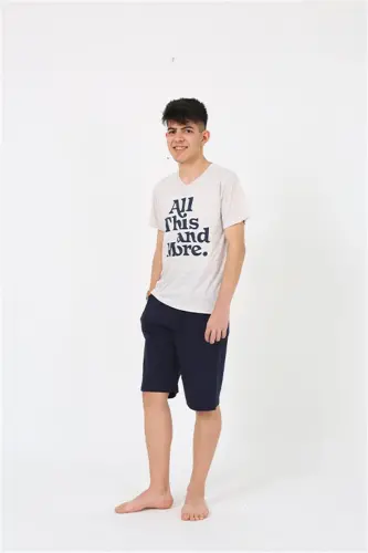 Akbeniz Erkek Genç Garson Boy Kısa Kol Krem Penye Şortlu Pijama Takımı 20377 - 4