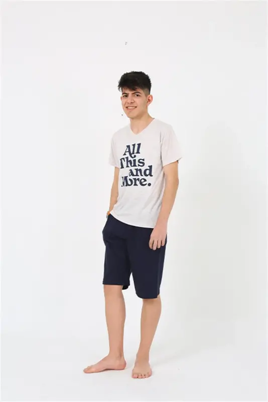 Akbeniz Erkek Genç Garson Boy Kısa Kol Krem Penye Şortlu Pijama Takımı 20377 - 4