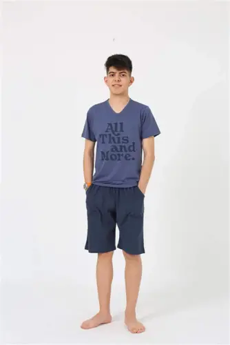 Angelino Erkek Genç Garson Boy Kısa Kol Lacivert Penye Şortlu Pijama Takımı 20377 - BÜYÜKBEDENIZ (1)
