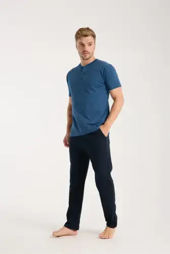 Akbeniz Erkek İndigo Düğmeli Yaka Kısa Kol Pijama Takımı - 1
