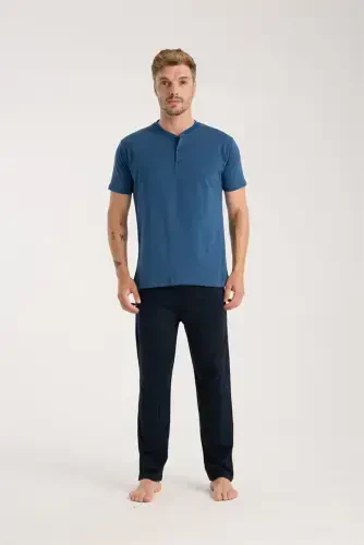 Akbeniz Erkek İndigo Düğmeli Yaka Kısa Kol Pijama Takımı - 3