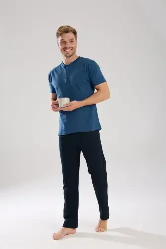 Akbeniz Erkek İndigo Düğmeli Yaka Kısa Kol Pijama Takımı - 4