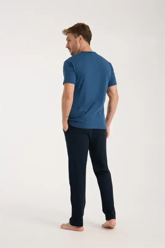 Akbeniz Erkek İndigo Düğmeli Yaka Kısa Kol Pijama Takımı - 7