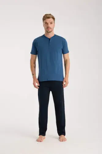 Akbeniz Erkek İndigo Düğmeli Yaka Kısa Kol Pijama Takımı - 3
