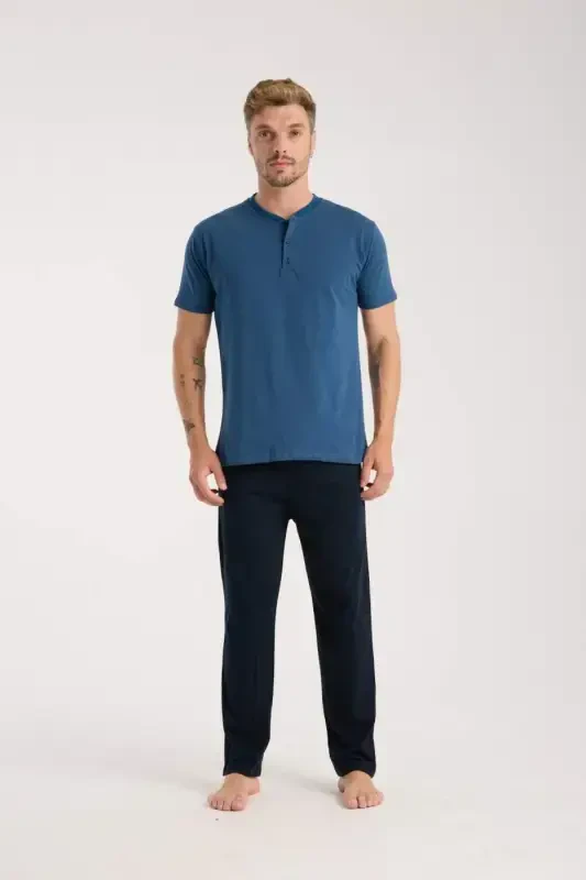 Akbeniz Erkek İndigo Düğmeli Yaka Kısa Kol Pijama Takımı - 3