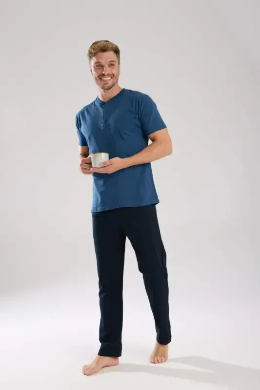 Akbeniz Erkek İndigo Düğmeli Yaka Kısa Kol Pijama Takımı - 4
