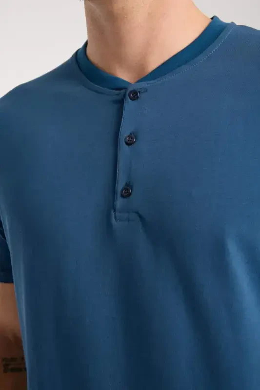 Akbeniz Erkek İndigo Düğmeli Yaka Kısa Kol Pijama Takımı - 8