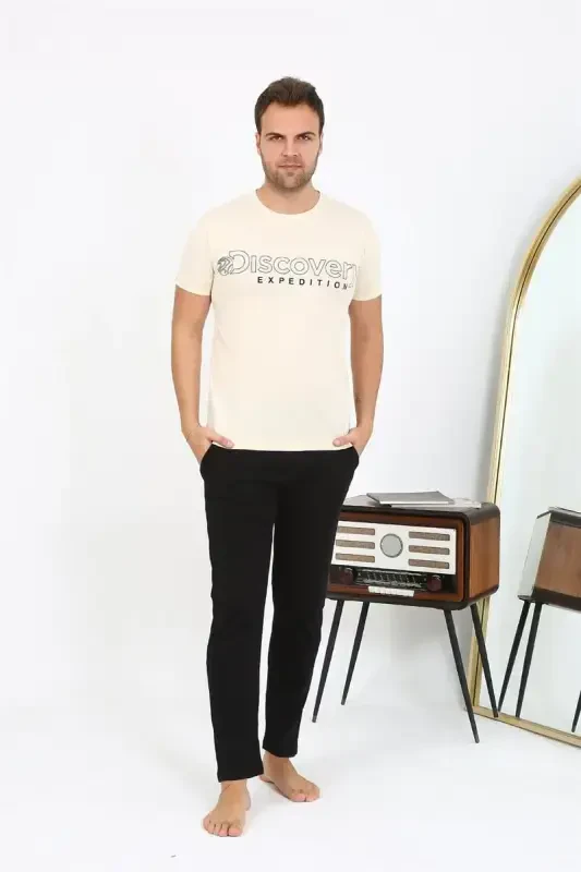 Akbeniz Erkek Kısa Kol Penye Pijama Takımı 6866 Krem - AKBENIZ