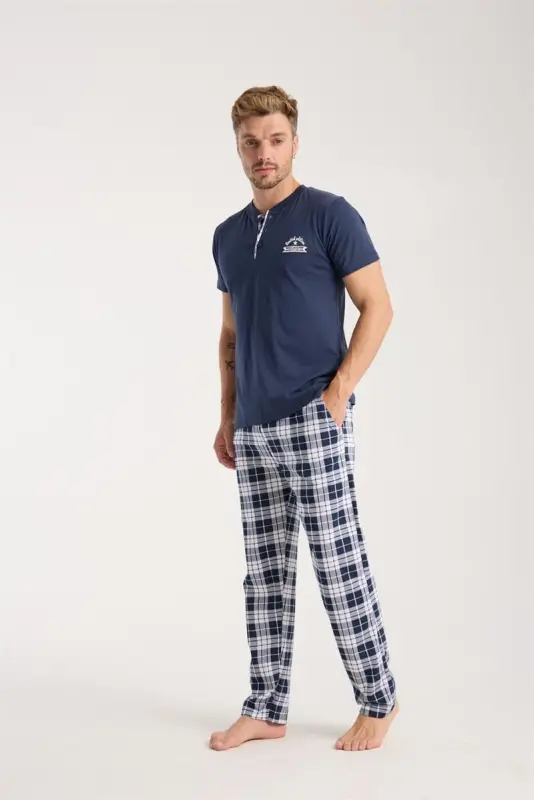 Akbeniz Erkek Lacivert Düğmeli Yaka Kısa Kol Pijama Takımı - AKBENIZ