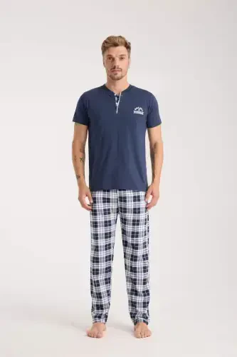 Akbeniz Erkek Lacivert Düğmeli Yaka Kısa Kol Pijama Takımı - 5