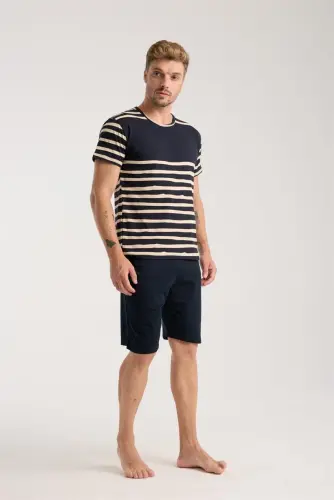 Akbeniz Erkek Lacivert Sıfır Yaka Kısa Kol Şortlu Pijama Takımı - 3