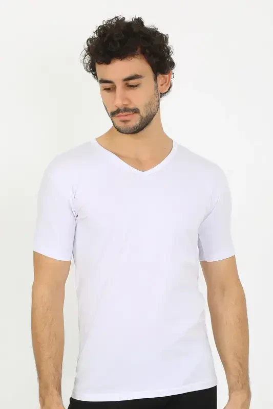 Akbeniz Erkek Likralı V Yaka Beyaz T-Shirt 65700 - 1