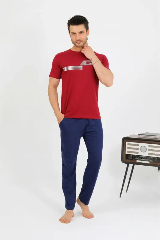 Akbeniz Erkek Pamuk Kısa Kol Pijama Takım Bordo 6875 - AKBENIZ