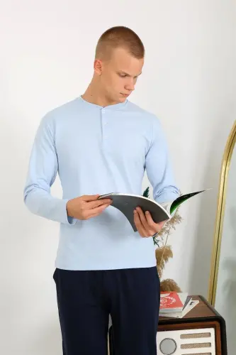 Akbeniz Erkek Penye Uzun Kol Pijama Takımı 6860 Buz Mavisi - 3