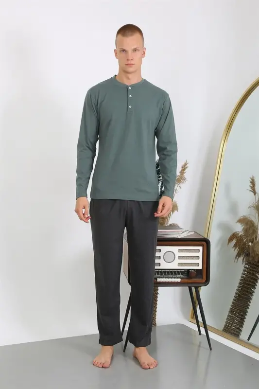 Akbeniz Erkek Penye Uzun Kol Pijama Takımı 6860 Haki - AKBENIZ