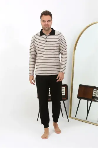 Akbeniz Erkek Polo Yaka Uzun Kol Penye Pijama Takımı 6862 Krem - 3