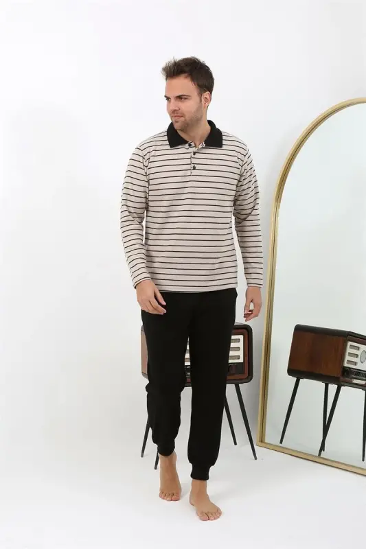 Akbeniz Erkek Polo Yaka Uzun Kol Penye Pijama Takımı 6862 Krem - 5