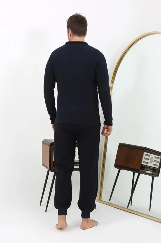 Akbeniz Erkek Polo Yaka Uzun Kol Penye Pijama Takımı 6862 Lacivert - 5